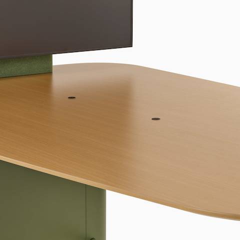 A D-shaped Headway Huddle Table with a Clear on Ash finish and surface-embedded Ello Micro Vine USB-C power.