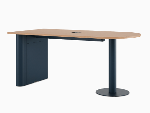 A D-shaped Headway Huddle Table with a light wood top and Nightfall base.