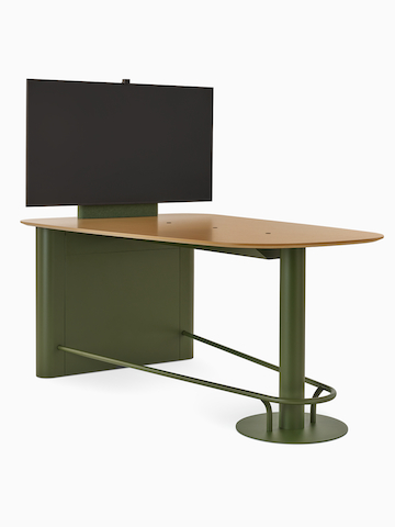 A Headway Huddle Table with mounted monitor, footrest, and surface-embedded Ello Micro Vine USB-C power, viewed from the side.