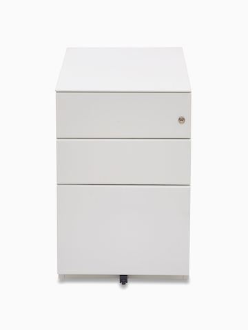 A white Buddy pedestal with two box drawers and one file drawer, viewed from the front.