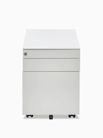 Un piedistallo Box bianco con due cassetti e un cassetto per i file, visti frontalmente.