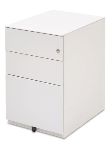 Angled view of a white Kumi pedestal with two box drawers and one file drawer.
