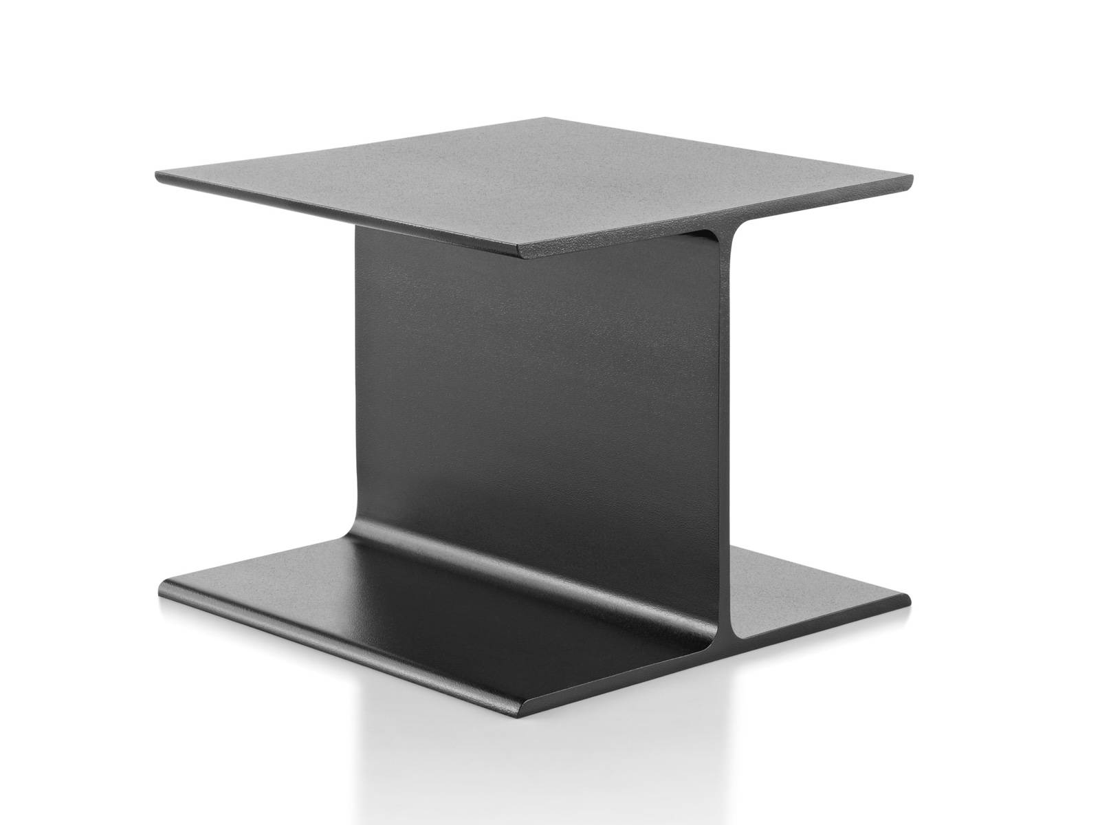 An angled view of a cast aluminum I Beam occasional table with a bare top. 