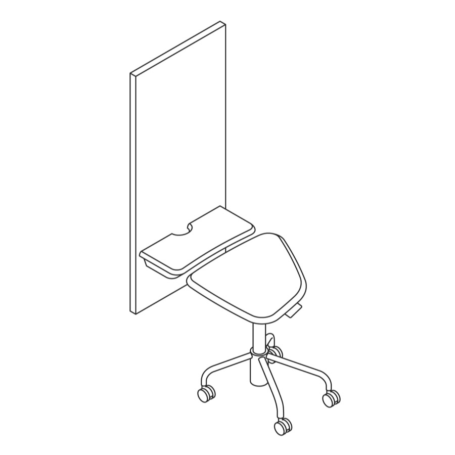 A line drawing of an Intent Solution wall unit and mobile table.