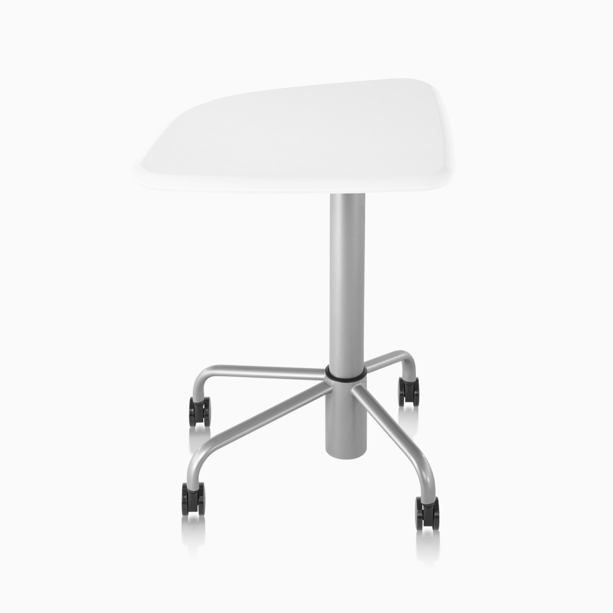 An Intent Solution mobile, height-adjustable table with a white laminate top and metallic silver base.