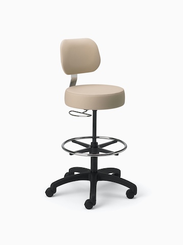 Lab Stool in a beige upholstered seat and back and a chrome base with D-ring adjustment, footrest, and a 5-star base with casters.