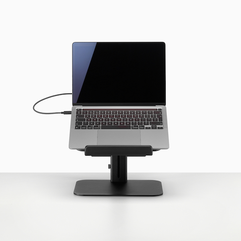 A black Lana Laptop Stand with laptop viewed from the front.