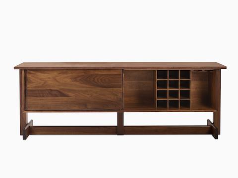 Dark brown Land Storage credenza with open door, viewed from the front.