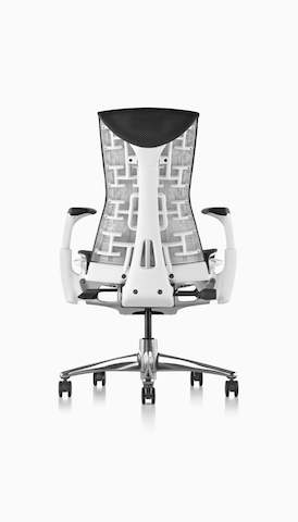 Rear view of a black Embody office chair. Select to go to the Herman Miller seating landing page.