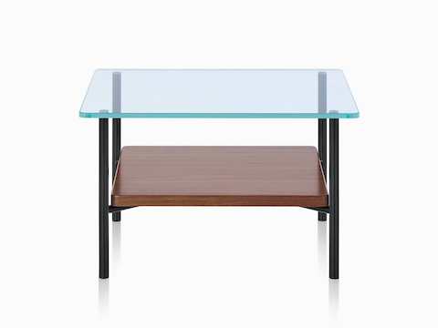 A Layer glass top occasional table with a dark wood lower shelf.