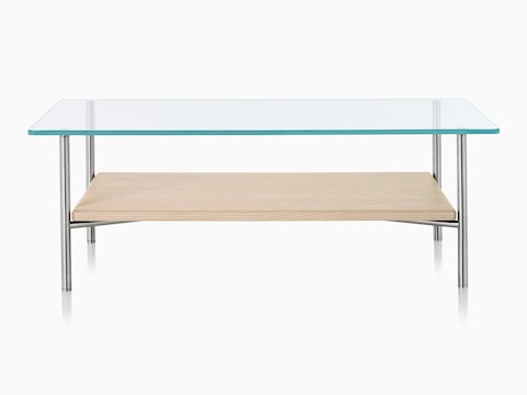 A Layer occasional table with a thin glass top and a thick light wood lower shelf. A Layer occasional table with a thin glass top and a thick light wood lower shelf.