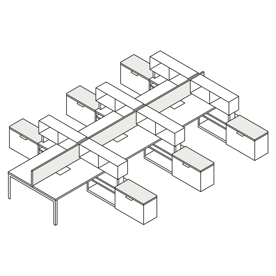 A line drawing of a six-person Layout Studio bench with Tu Storage cubbies and credenzas and a center privacy screen.