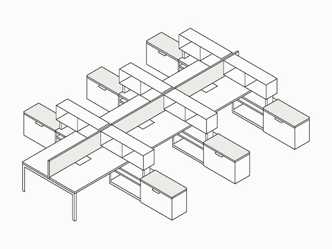 A line drawing of a six-person Layout Studio bench with Tu Storage cubbies and credenzas and a center privacy screen.