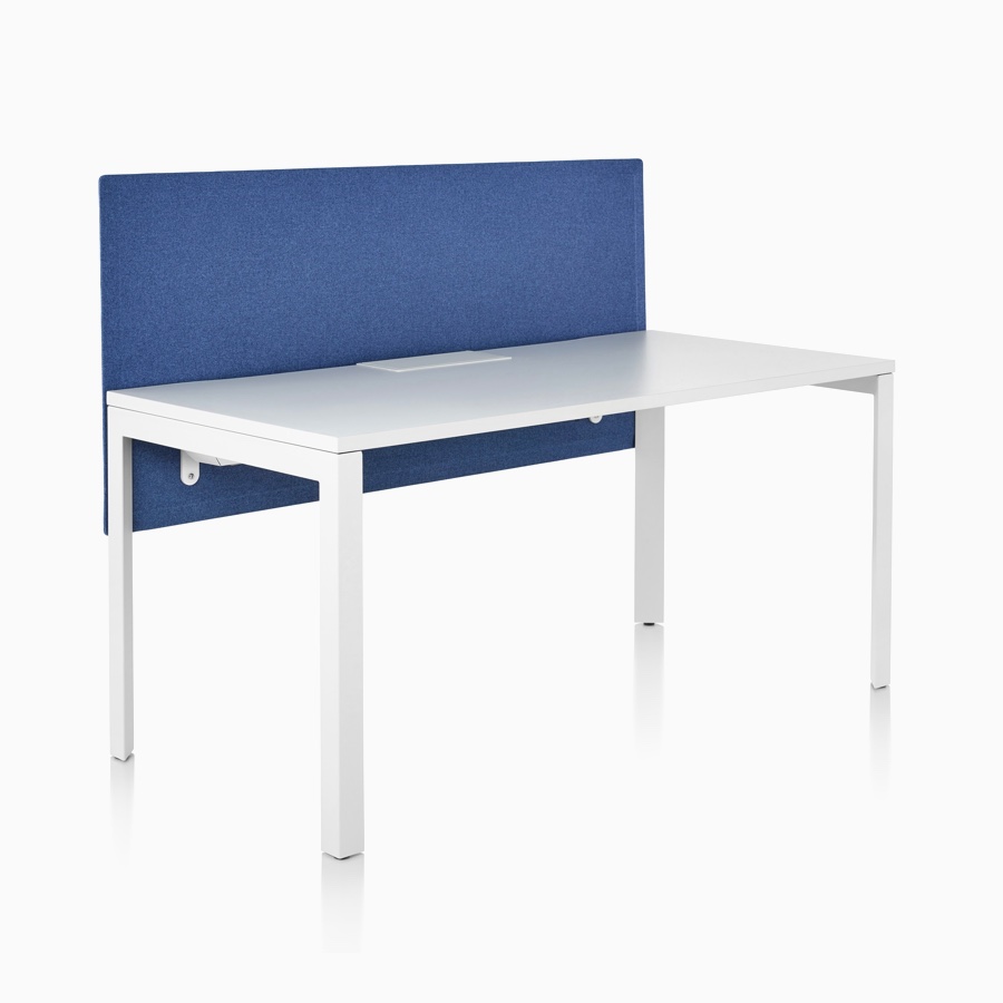 Viewed at an angle, a single-sided Layout Studio bench with a white top, white base, and a blue, tapered-edge fabric, surface-attached screen.
