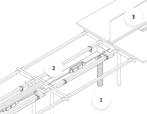 A line drawing showing how power and data is routed and access in Layout Studio bench.