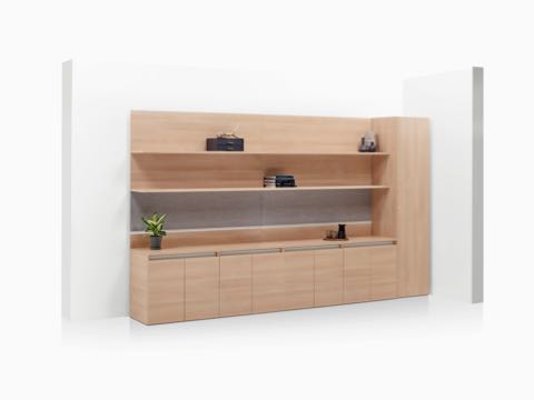 Layout Workwall with open shelves, storage credenzas, and wardrobe.