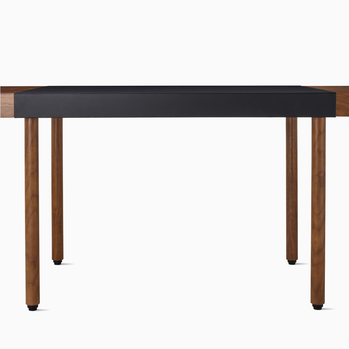 Leatherwrap SIt-to-Stand Desk in walnut and black Leather, front viewl
