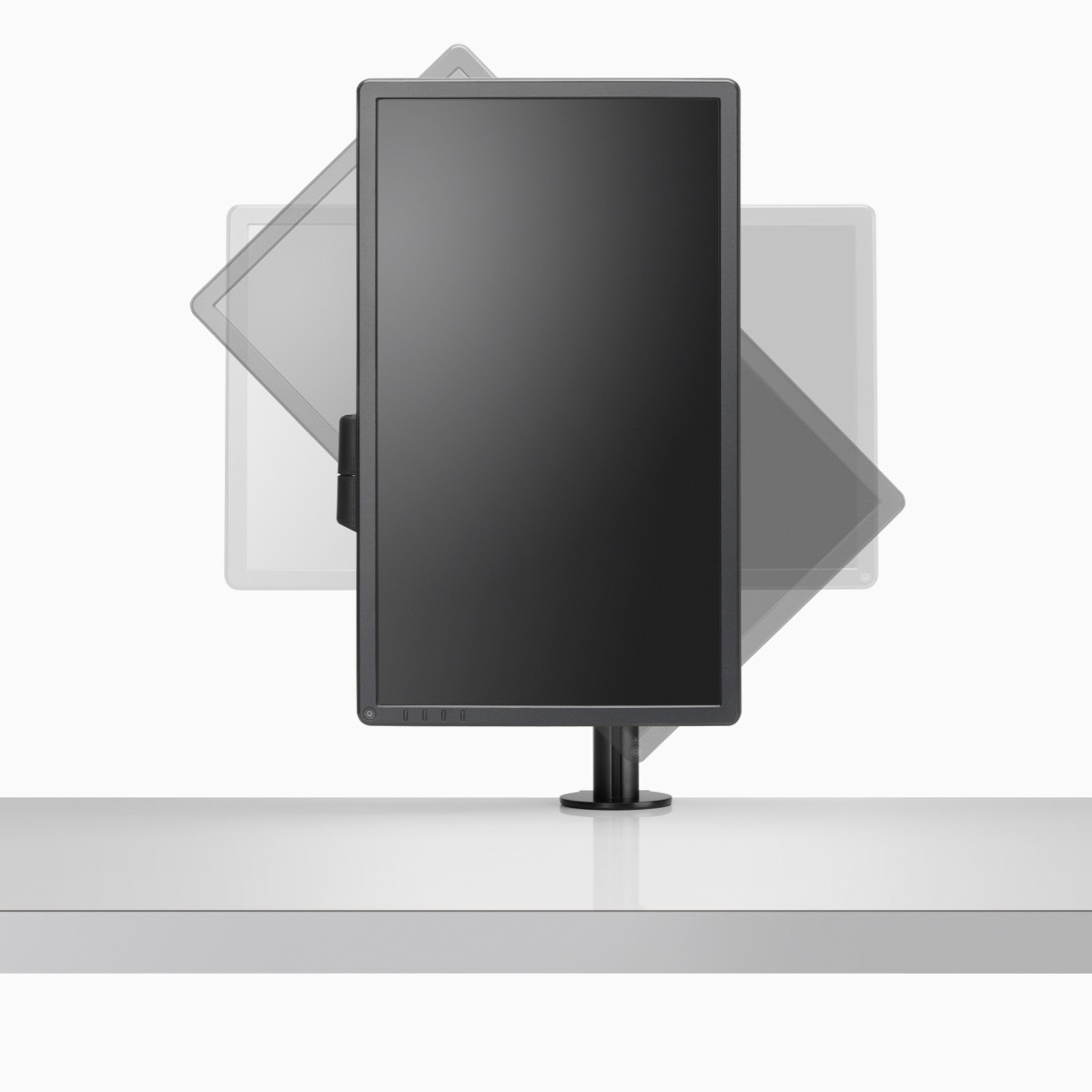 Vooraanzicht van geanimeerde weergave van enkele Lima-monitorarm in zwart met kantelende verticale monitor.