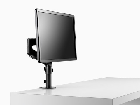 Three quarter view of single Lima Monitor Arm in black.