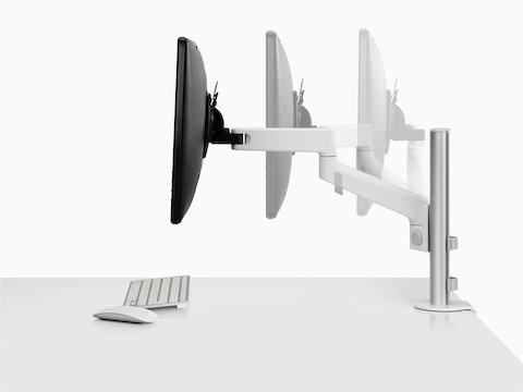 Animated side view of single Lima Monitor Arm extension in white. 