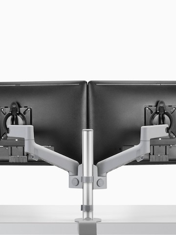 Cropped back view of dual Lima Monitor Arm in grey.