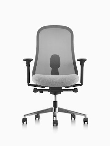 Zwarte en grijze Lino-stoel met instelbare ondersteuning voor de rug en lenden, vanaf de voorkant gezien.