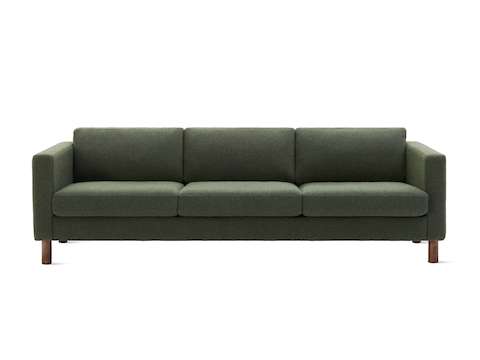 Front view of three seater Lispenard Sofa, 17 inches in dark green textile and 6 inch walnut legs.