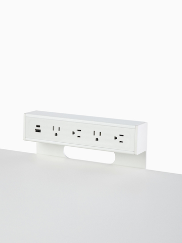 USB-A port, USB-C port, and four A/C power outlets on an attached table power source