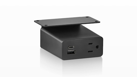Black power source with USB-C port, USB-A port, and A/C outlet