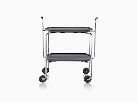 A Magis Transit Folding Trolley cart with two black shelves, a steel frame, polished aluminum handles, and casters.