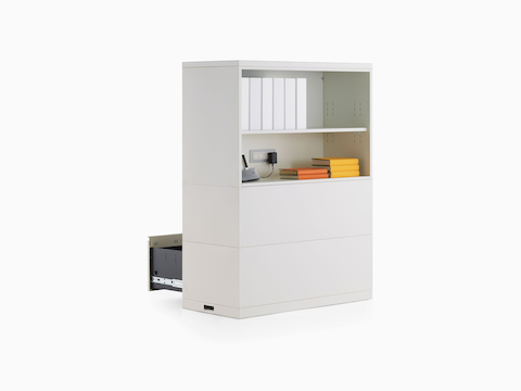 White Meridian powered storage case with two lateral files and two open shelves with books and binders.
