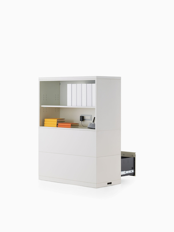 White Meridian powered storage case with two lateral files and two open shelves with books and binders.