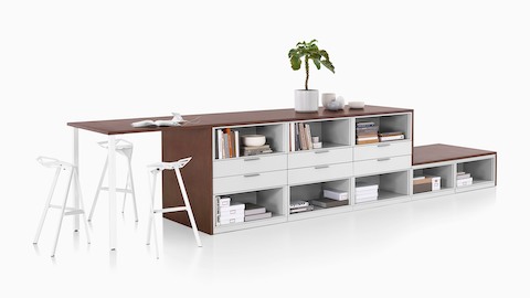 White Meridian storage cases with a woodgrain top that doubles as a collaboration surface. 