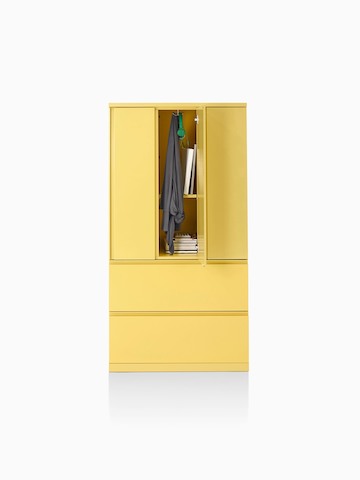 A yellow Meridian vertical tower with lockers on top and lateral files below. 
