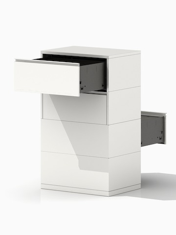 Four-high Meridian reversible lateral files with an open drawer on each side. 