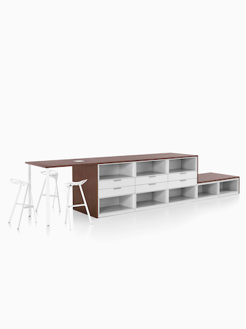 Meridian Storage pieces with shelves, drawers, and a collaboration surface.