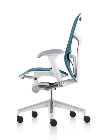 Profile view of a blue Mirra 2 office chair, showing flexible seat and back support. Profile view of a blue Mirra 2 office chair, showing flexible seat and back support.