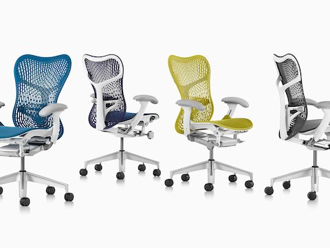 Mirra 2 chaises de bureau en quatre couleurs: bleu, bleu marine, jaune et gris.