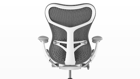 Rear view of gray Mirra 2 office chair, showing back support and adjustable arms. Rear view of gray Mirra 2 office chair, showing back support and adjustable arms.