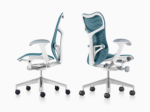 Profile and angled views of two blue Mirra 2 office chairs. Profile and angled views of two blue Mirra 2 office chairs.