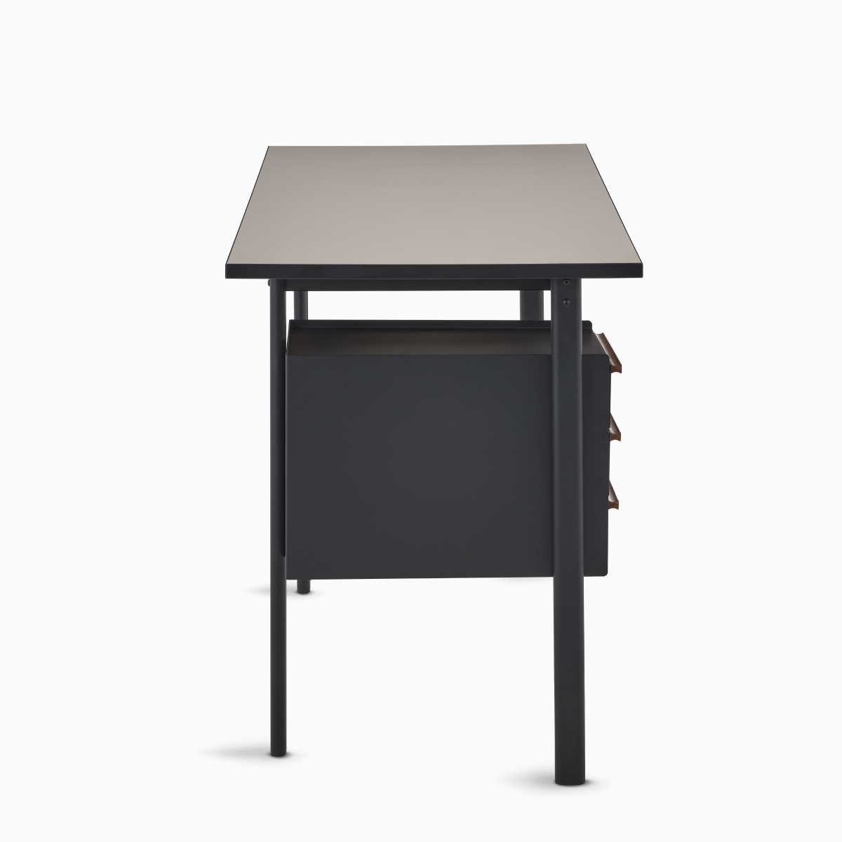Side view of a Mode desk in black with sandstone top.