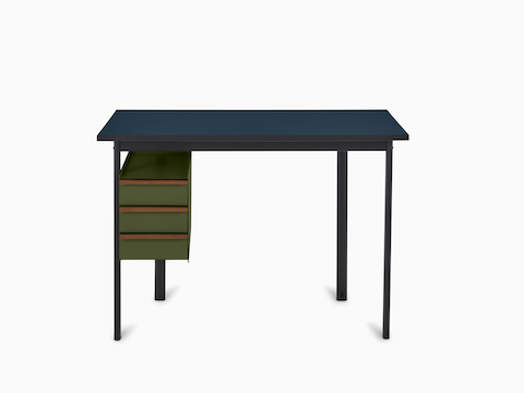 Mode desk with deep sea blue top and olive drawers.
