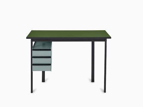 Mode Schreibtisch in Schwarz mit Platte in Pesto und Schubladen in Glacier Blue.