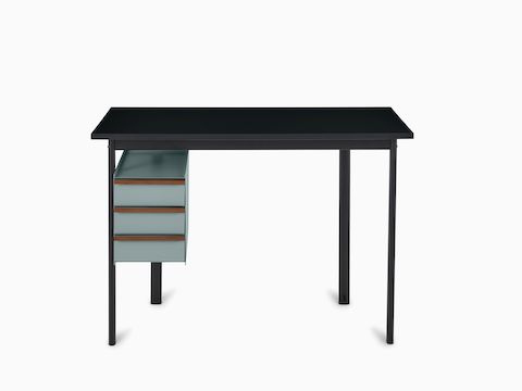 Mode-bureau met een zwart tafelblad en lichtblauwe lades.