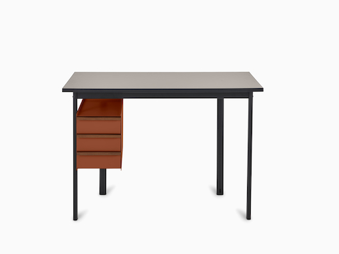 Mode Schreibtisch in Schwarz mit Platte in Pesto und Schubladen in Terracotta.