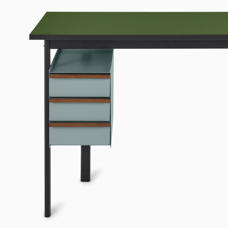 Mode desk in black with pesto top and glacier blue drawers.