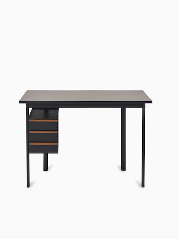 Schrägansicht des Mode Schreibtisches in Schwarz mit Platte in Sandstone.