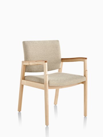 Angled view of a Monarch Multiple Seating chair with beige upholstery and a solid maple frame.
