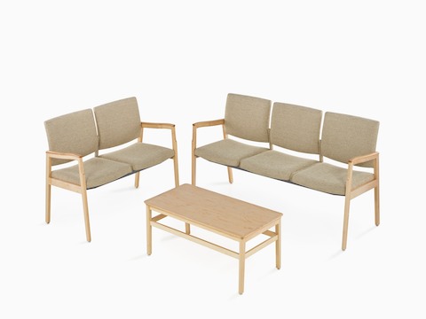 Two-seat and three-seat Monarch Multiple Seating with a rectangular coffee table.