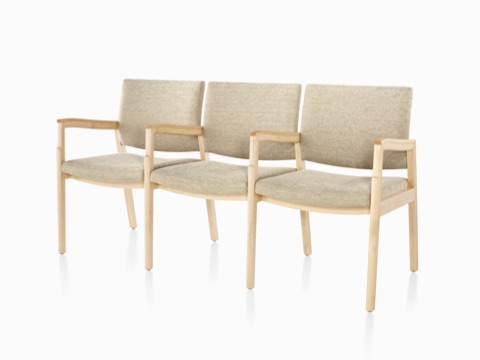 Three-seat Monarch Multiple Seating with beige upholstery, a solid maple frame, and no intervening arms. Three-seat Monarch Multiple Seating with beige upholstery, a solid maple frame, and no intervening arms.